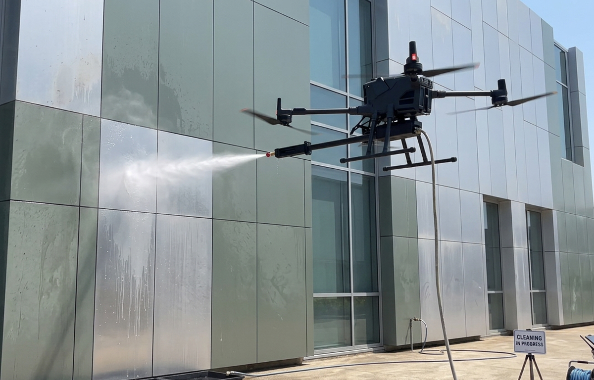 Drone-assisted exterior access cleaning commercial facade panels from ground support