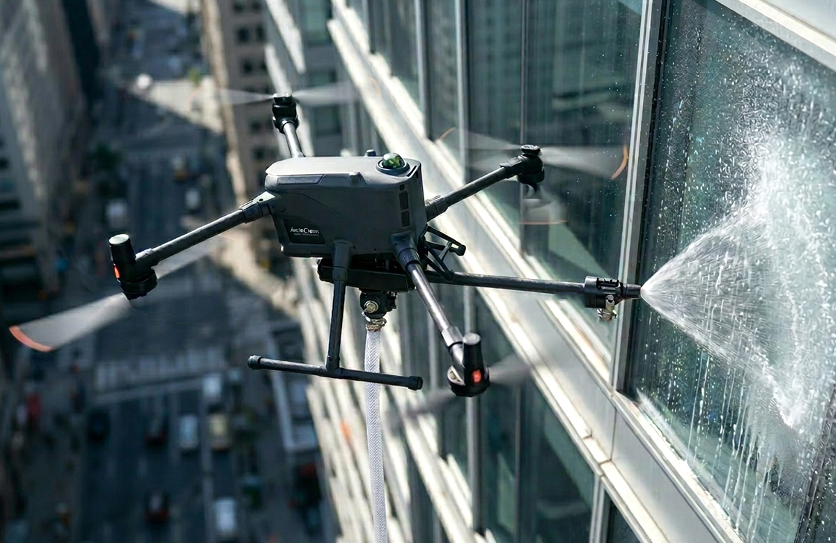 Drone cleaning high exterior windows on a multi-storey building