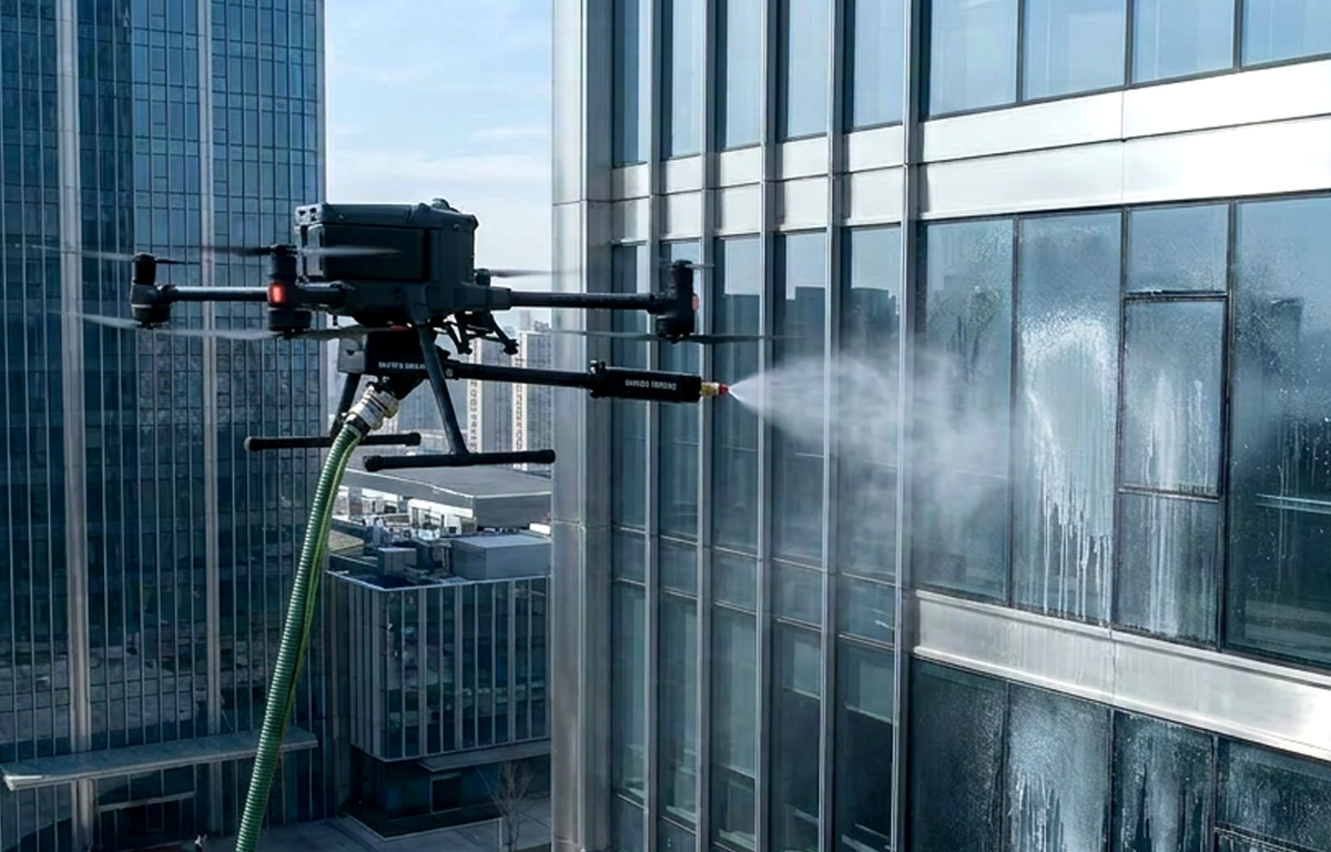 Professional drone-assisted exterior cleaning for a modern commercial building