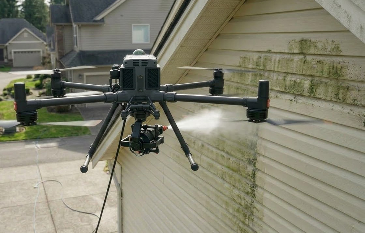 Drone-assisted roofline and siding cleaning for a residential property