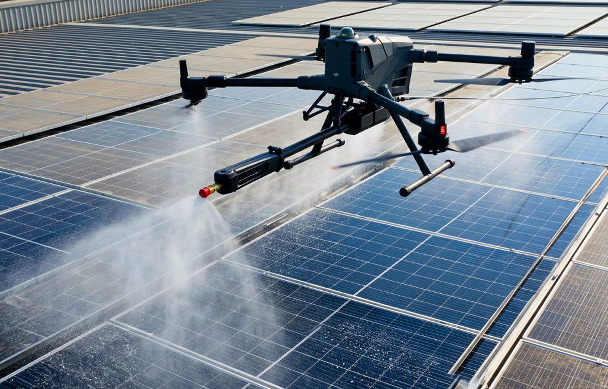 Drone-assisted solar panel cleaning on an Ontario rooftop array